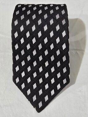 Escada Hand Made in Italy 100% Silk Necktie - Black Silver Geo